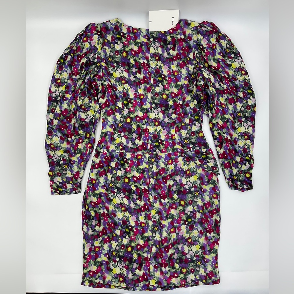Rohe NWT RARE Nicky Floral Peplum Dress Asymmetrical Ruched Puffed Long Sleeve 4 - Picture 4 of 16